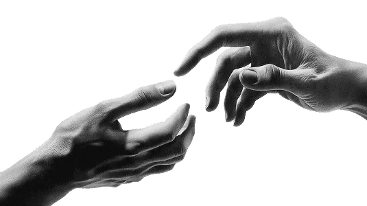 Monochrome engraving of two hands reaching toward each other